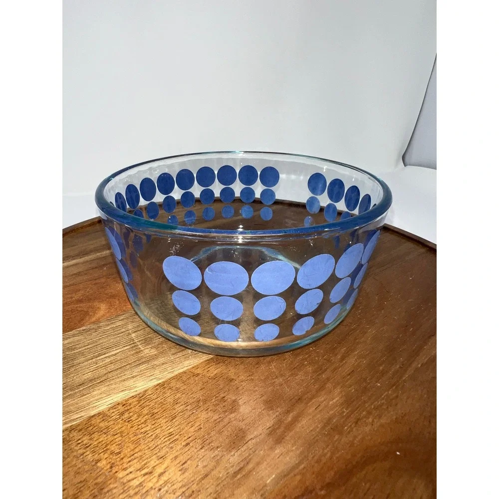 Pyrex Blue Polka Dot Clear‎ Glass Round Mixing Storage Bowl 6 inch Made in USA
